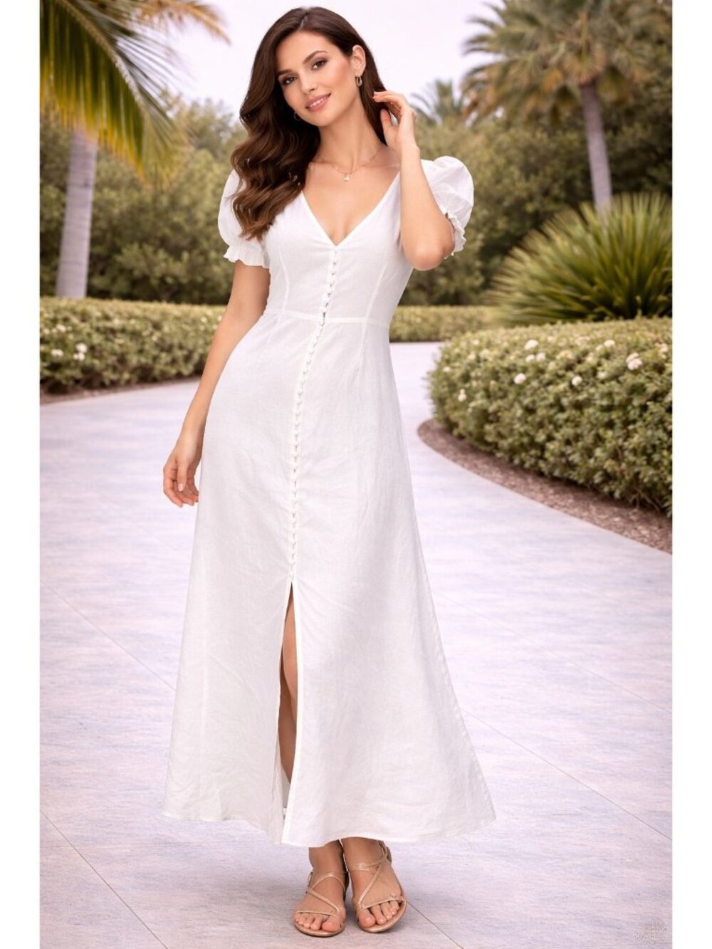Shani Shimer White Midi Dress Puff Sleeves V-Neck M Medium